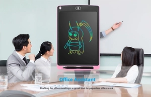 Pink LCD writing tablet showing colorful insect sketches for office brainstorming notes