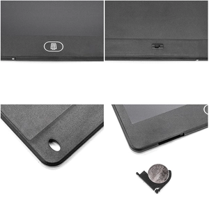 Detail view of LCD writing tablet showing the CR2025 battery slot and ON/OFF switch