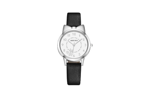 Close-up of cat-eared silver case quartz watch with black leather strap and cat dial