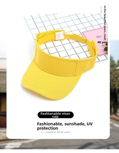 Detail of yellow open top sun hat showing adjustable velcro strap and reinforced stitching