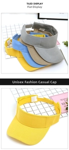 Detail showing various colors of sun visor hats and adjustable velcro strap closure
