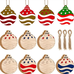Set of 12 American flag style boxwood hanging ornaments with rustic twine for home decor