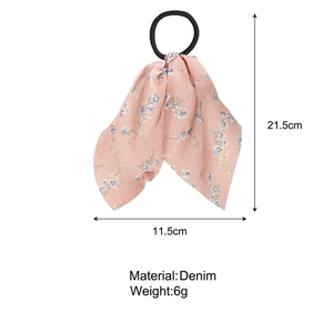 Detailed size specifications for pink floral hair scrunchie with denim scarf tail