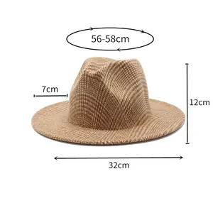 Detailed size guide for the plaid wool fedora hat showing dimensions and circumference