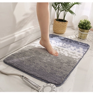 Close-up of thick microfiber bath mat featuring a grey and blue gradient design