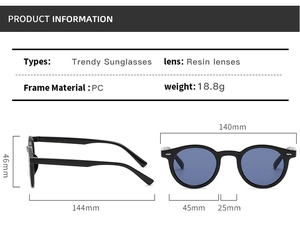 Detailed size chart for retro round sunglasses showing frame dimensions and weight