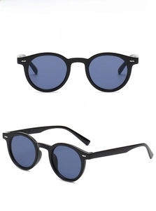 Front and 45-degree side views of TR90 round frame sunglasses with blue tinted lenses