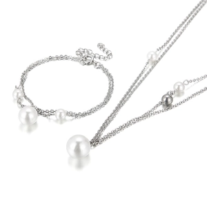 Elegant double-layered stainless steel necklace and bracelet set with white and grey pearls