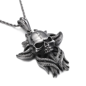 Gothic stainless steel skull pendant with feather details on a twisted rope chain