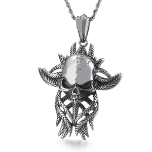 Men Skull Pendant Necklace Stainless Steel Punk Gothic Style Feather Wings Jewelry