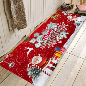 Red Christmas flannel floor mat with Santa Claus and Snowman pattern on wood floor