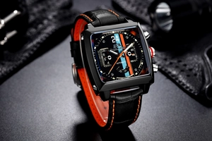 Automatic square mechanical watch with black leather strap and orange stitching detail