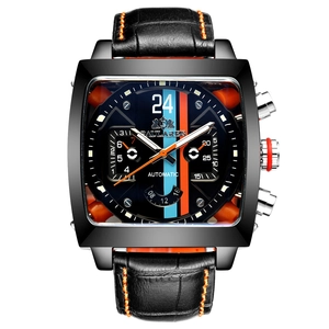 Detail of black square automatic watch dial with racing stripes and orange stitching
