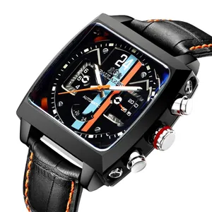 Men Automatic Mechanical Watch Square Alloy Case Genuine Leather Strap Luminous Multi-Function Racing Style Sports Wristwatch