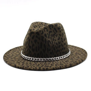 Chapeau Fedora classique imprimé léopard en laine avec chaîne argentée pour l'automne
