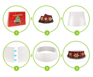Step-by-step installation guide for the red plaid Christmas tree collar with gold snowflakes