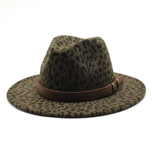 Classic leopard print wool fedora hat featuring a brown leather band and wide flat brim