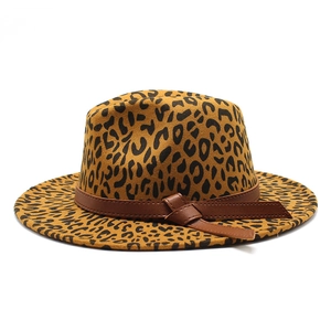 Close-up of leopard print wool fedora with brown leather band and decorative knot details