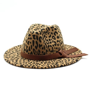 Classic leopard print wool fedora hat with a flat brim and brown leather band detail