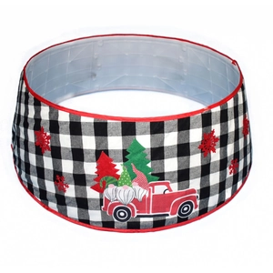 Cache-pied de sapin de Noël à carreaux avec broderie de camion rouge et gnome
