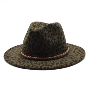 Leopard print wide brim fedora hat with brown woven band in vintage fashion style