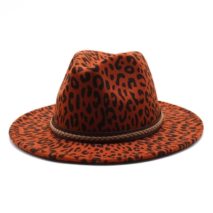 Classic leopard print Fedora hat in orange-red felt with a stylish brown braided band