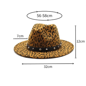 Detailed size specifications of leopard print fedora with silver punk rivets on band