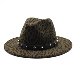 Leopard print wide brim fedora hat for men and women featuring metallic silver rivets
