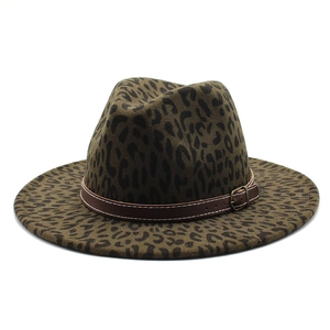 Classic leopard print fedora hat with brown faux leather band and metallic buckle detail