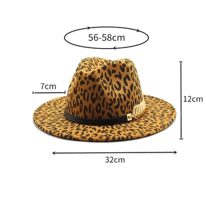 Detailed size measurement chart for leopard print wool fedora hat with gold feather trim