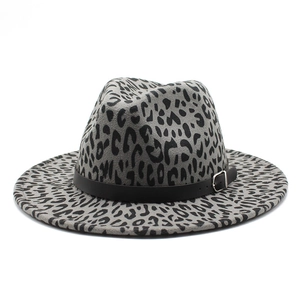 Leopard print wool fedora hat with a black leather band and silver metal buckle