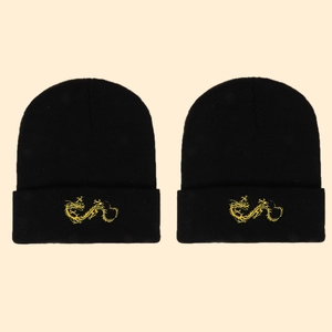Winter Warm Knit Beanie Hat With Gold Dragon Embroidery Cuffed Acrylic Windproof Casual Skull Cap For Men Women