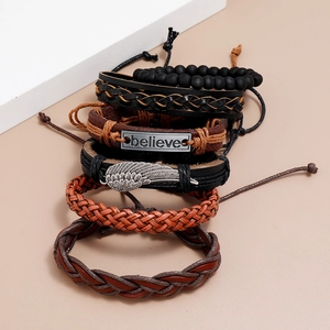 Handmade multilayer vintage leather bracelet set with beads and believe metal plate