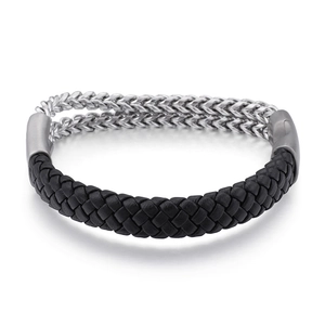 Men's double-row stainless steel curb chain with black leather braided cord bracelet