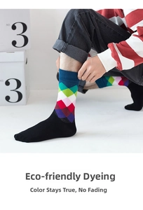 Detail shot of colorful diamond pattern cotton crew socks with vibrant argyle knit design
