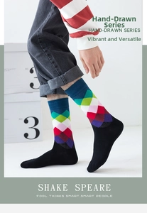 Detail of colorful geometric argyle pattern cotton mid-calf socks for women street style