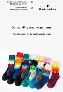 Detail of 168N knitted mid-calf socks with colorful geometric diamond patterns