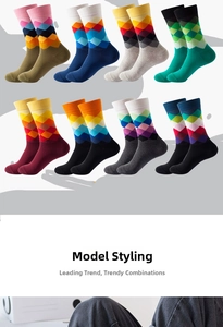 Detail of retro argyle pattern mid-calf cotton socks in various color combinations