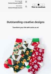 Detailed view of 168-needle Christmas knit socks with festive snowflake and tree patterns