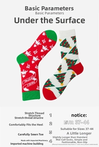 Detail of Christmas crew socks showing festive patterns and EUR 37-44 size specifications