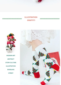 Detail of white cotton Christmas socks with green tree patterns and red heels