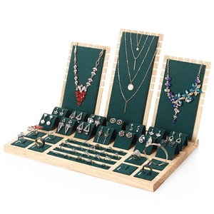 Wooden Jewelry Display Stand Set Bamboo Velvet Necklace Earring Ring Holder Showcase Storage Organizer Tray