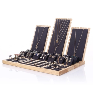 Bamboo jewelry display set with black velvet panels for necklaces and rings