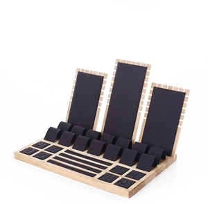 Bamboo and black velvet jewelry display stand for necklaces, earrings and rings sets