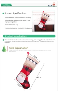 Detail of red and black plaid Christmas stocking with Santa Claus 3D decor and dimensions
