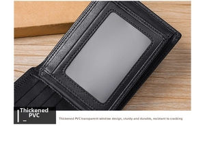 Macro detail of men's leather wallet featuring a thickened PVC transparent ID window