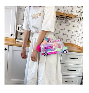 Iridescent ice cream truck crossbody bag with gold chain strap shown on a model