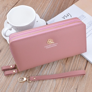 Elegant pink lychee texture women long wallet with double zipper and clover logo