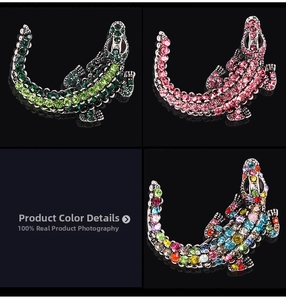 Detailed views of luxury crocodile brooches with colorful gradient crystal rhinestones