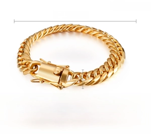 Détails techniques du bracelet gourmette en acier doré avec mesure de 11 mm de large
